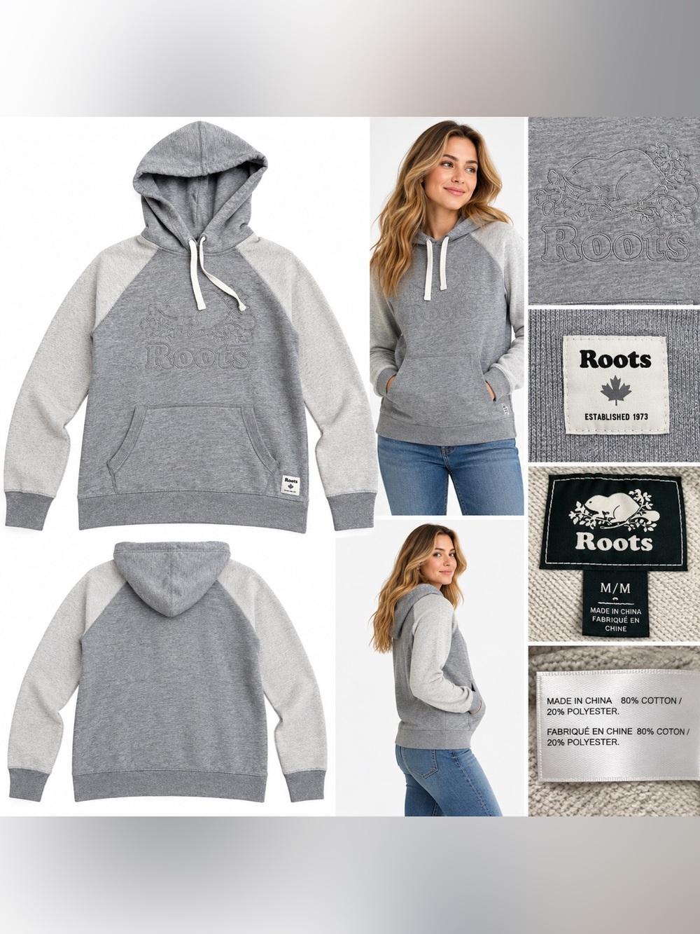 Roots Canada Women’s Medium Gray Beaver Logo Raglan Pullover Hoodie